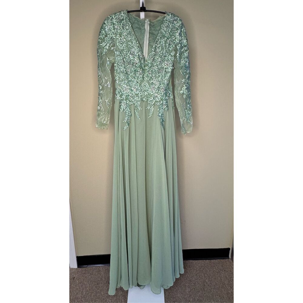 Mac Duggal Mint Green Lace Appliqué Long Sleeve Maxi Dress